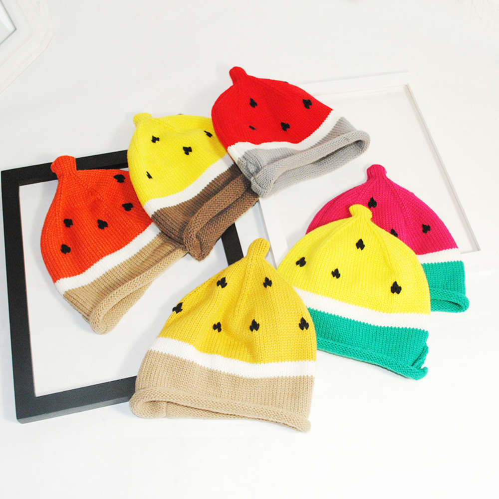 

Children's watermelon hat, baby knitting fruit autumn and winter wool warm cover hat, Yellow