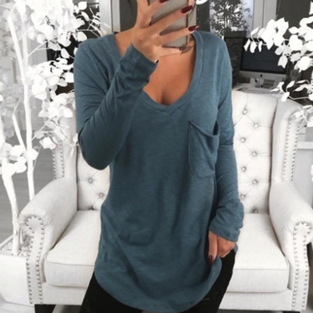 

New Sexy Women Solid Color Deep V Long Sleeve Top Front Pocket Loose Tunic T-shirt Drop Shipping, White