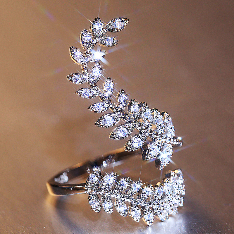 

Moissanite ring Graceful Leaves Both End of Open Ring Silver Color Girl Cocktail Party Rings Shine Crystal Zircon Fashion
