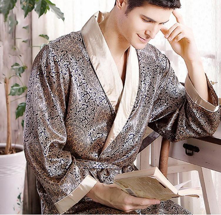

Men's Sleepwear V-Neck Robe Sleep Spring Men Satin Kimono Lounge Nighty Bathrobe Nightwear Male Gown Plus Size Print Gold Homewear, Picture 4 red