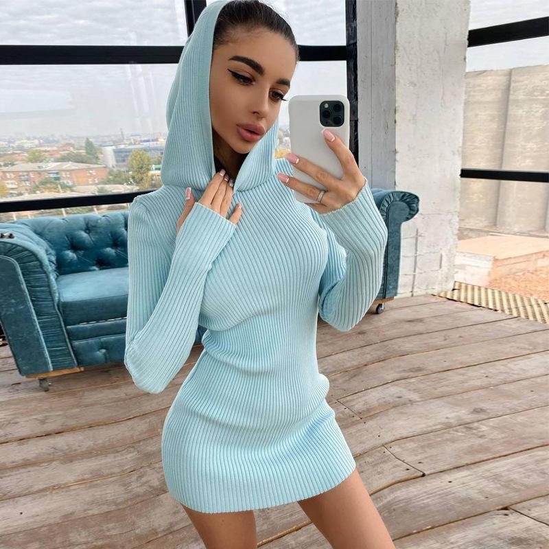 

Casual Dresses Hooded Knitted Sweater Long Sleeves Solid Dress Bodycon Mini Autumn Women Fashion Slim Sexy Streetwear Outfits Y2K 2021, White