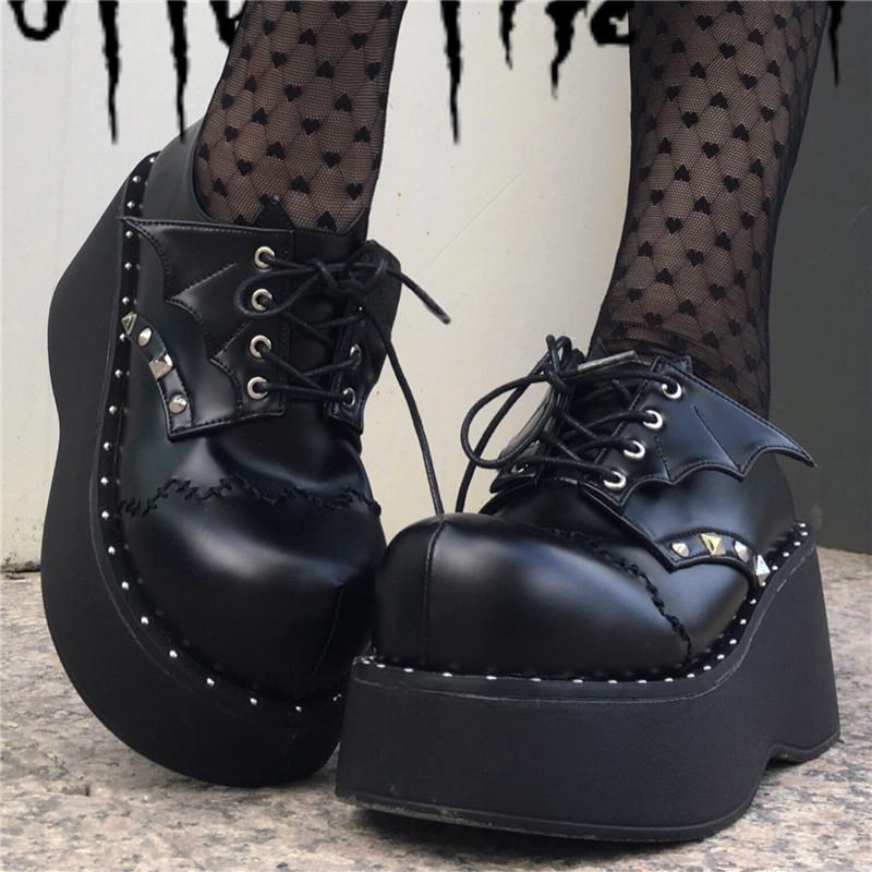 

Dress Shoes Punk Maid Demonia Platform Women's Mary Janes Pink Black Gothic Rock Lolita Girls Wedge High Heels Rivet Laces