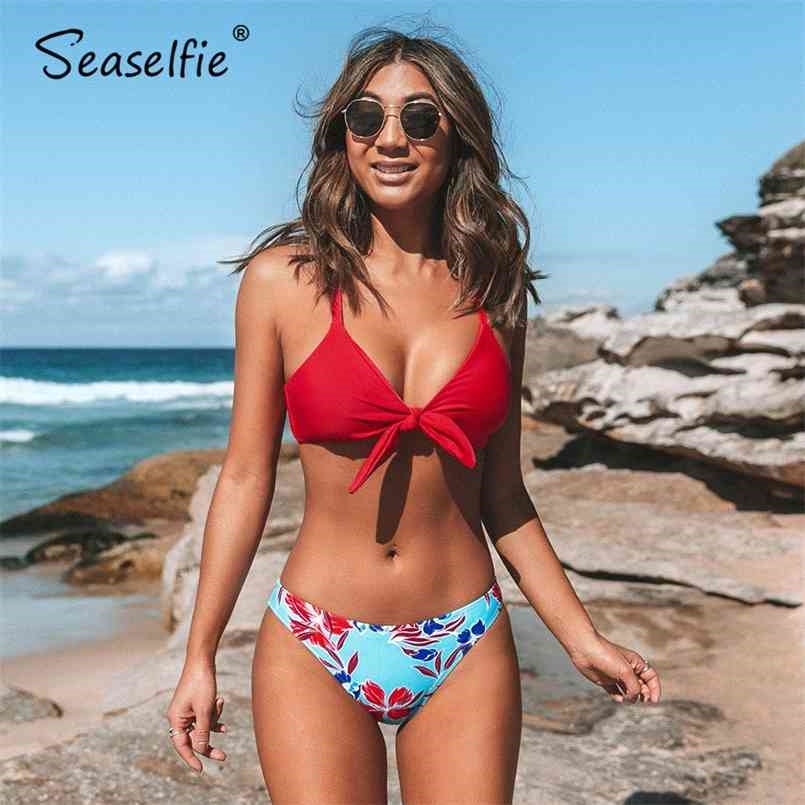 

SEASELFIE Red and Floral Print Low-Waisted Bikini Sets Swimsuit Women Sexy Bow-knot Two Pieces Swimwear Beach Bathing Suits 210630, Asf9020ey