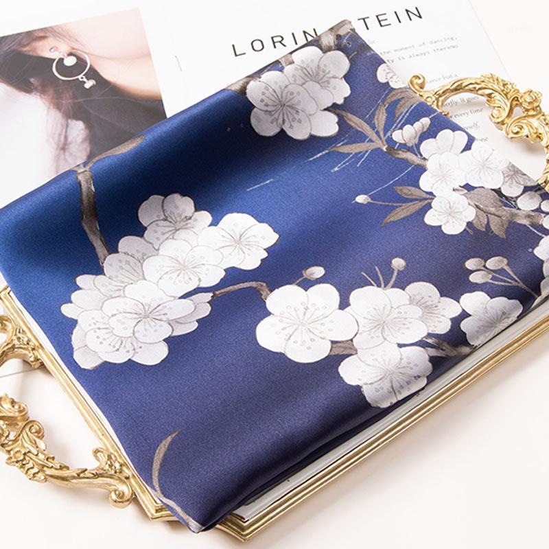 

Women 100% Pure Silk Long Scarf Luxury Print Neckscarf Bufandas Hangzhou Neckerchief Natural Twillon Foulard Femme Scarves, Blue;gray