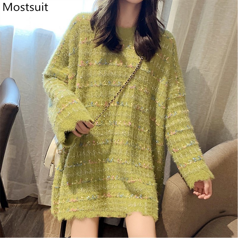 

Long Sleeve Lazy Oaf Loose Sweater Women Spring Autumn Oversized Knitted Pullover Tops Korean White Pink Yellow 210518