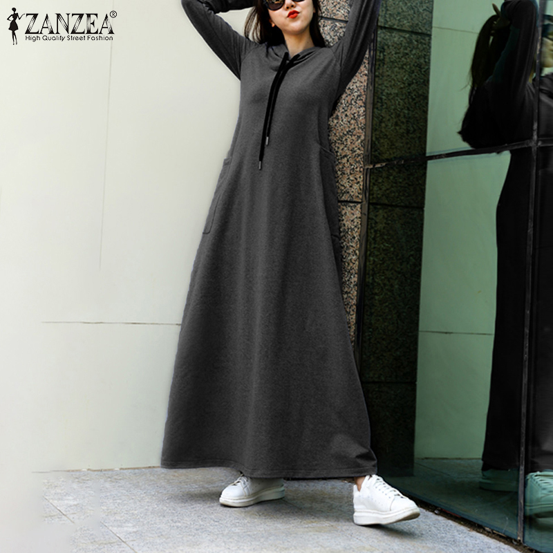 

2021 ZANZEA Women Hooded Dress Pullover Ladies Maxi Sweatshirt Spring Autumn Long Sleeve 5XL Casual Solid Loose Vestidos Robe, Black
