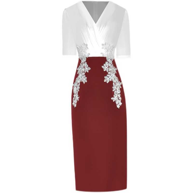

HIGH QUALITY est Summer Fashion Women's Sexy V-Neck Short Sleeve Patchwork Embroidery Color Block Bodycon Split Dress 210526, Claret