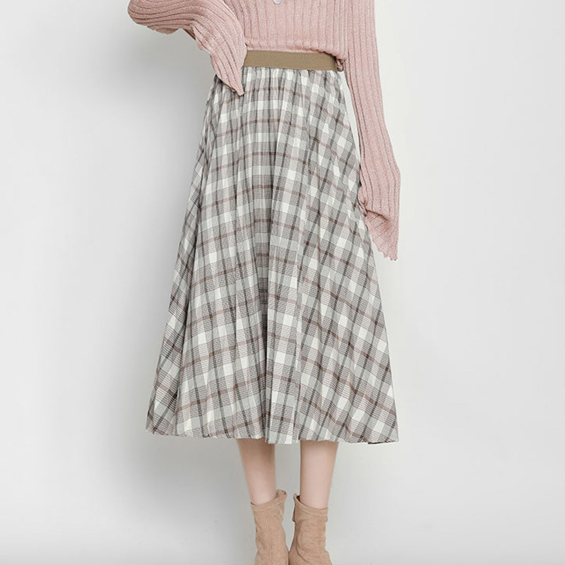 

skirts Autumn Vintage Plaid Pleated High Waist Retro Classic Khaki Tartan Check A-line Calf Long Skirts, Gray