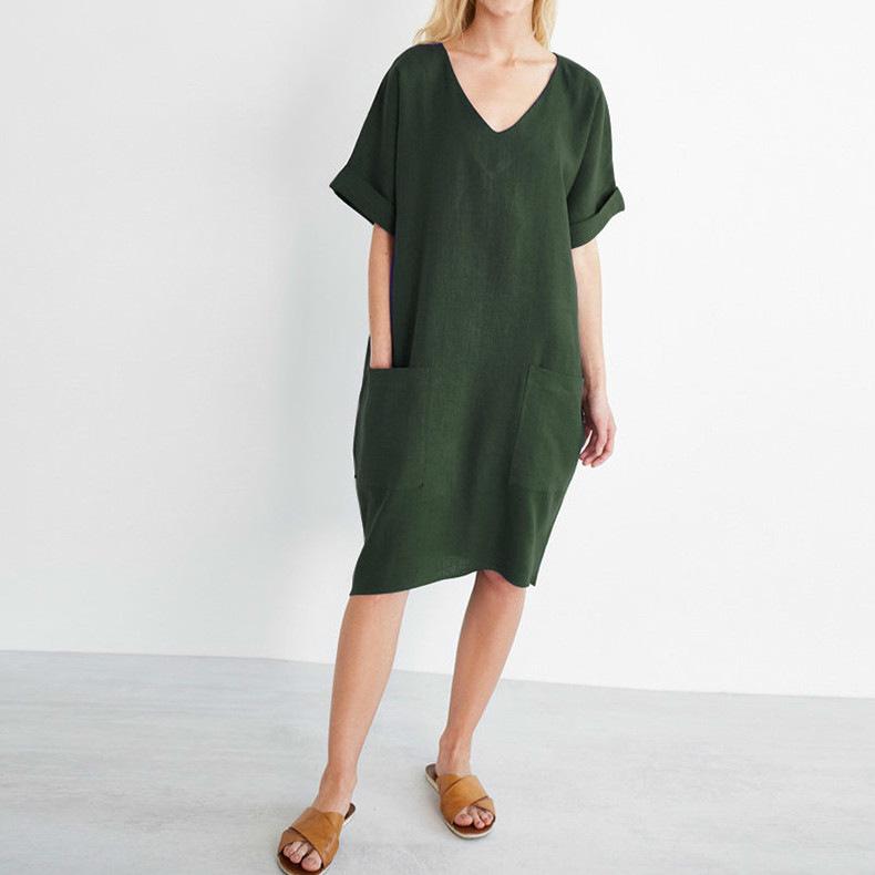

Casual Dresses S-5XL Vintage Loose Cotton Linen Summer Women Dress Solid Sexy V-Neck Short Sleeve Mini With Pockets Plus Size 120791WLA, Black;gray
