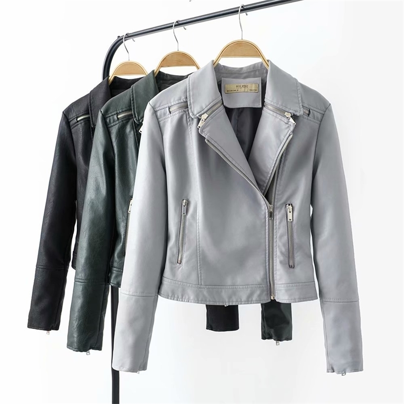 

Spring Autumn Short Leather Jacket Women Slim Long Sleeved Zipper Faux Coat Ladies Biker Moto Jackets Outwear 210602, Blue gray