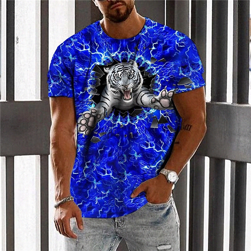 Men's Unisex T shirt 3D Print Graphic Prints Tiger Crew Neck Street Daily Print Short Sleeve Tops Casual Designer Big and Tall Sports Blue 1