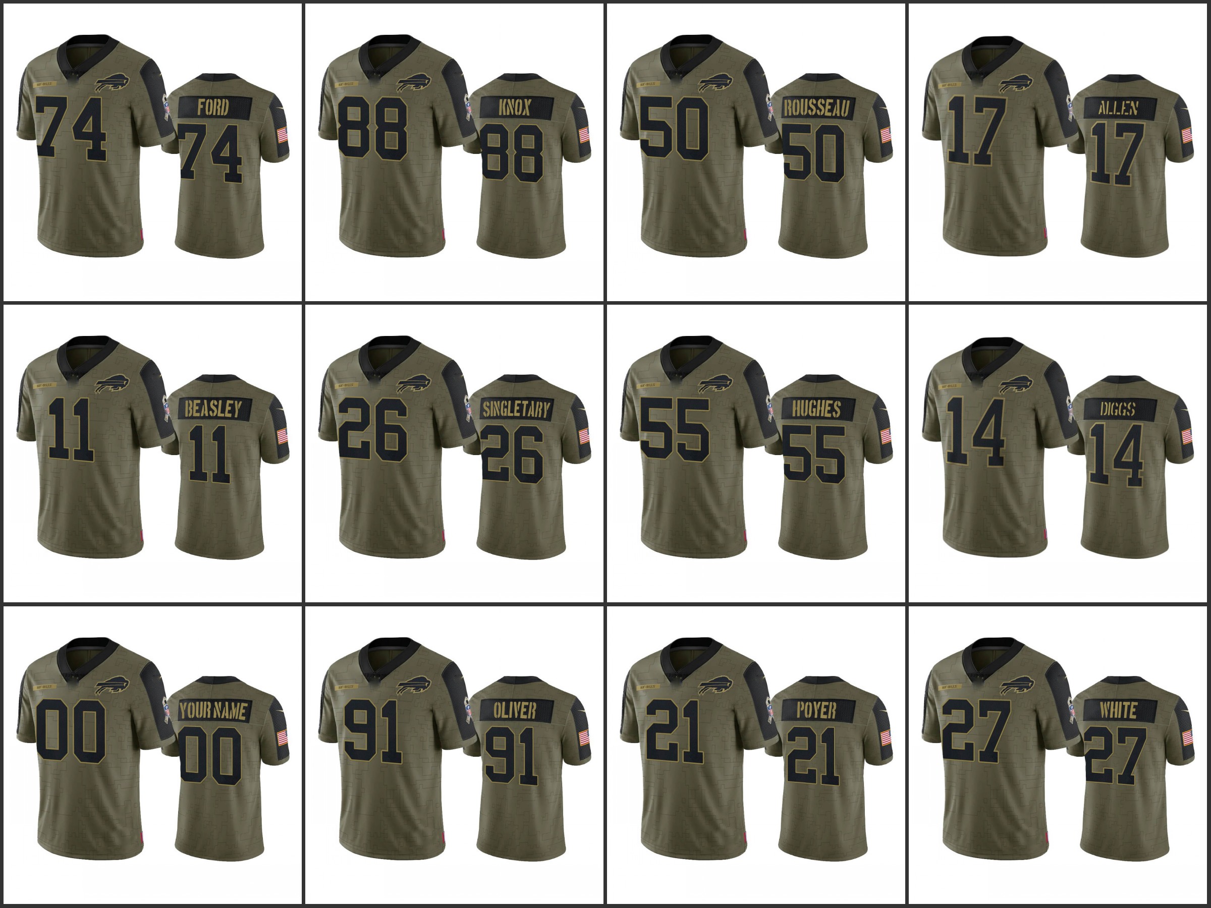 

Jersey Buffalo''Bills''Men #14 Stefon Diggs 17 Josh Allen 11 Cole Beasley Custom Women Youth''NFL''Olive Salute To Service Limited Jersey