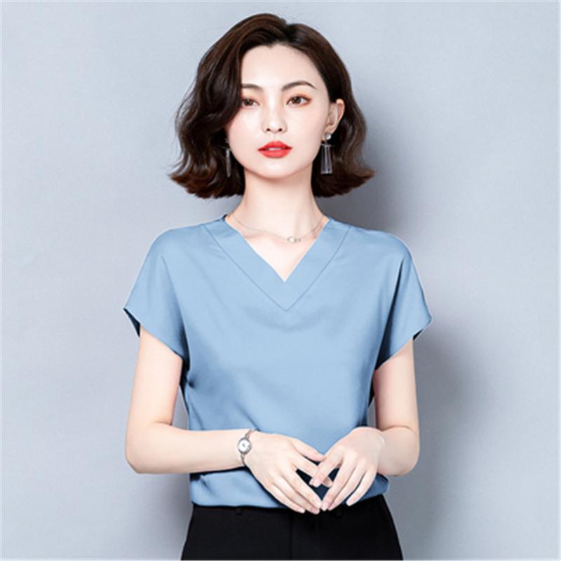 

Women's Blouses & Shirts Office Lady Solid V-neck Blouse Women Summer 2022 Short Sleeve Casual Silk Satin Plus Size -4XL Loose Tops Clothes, White