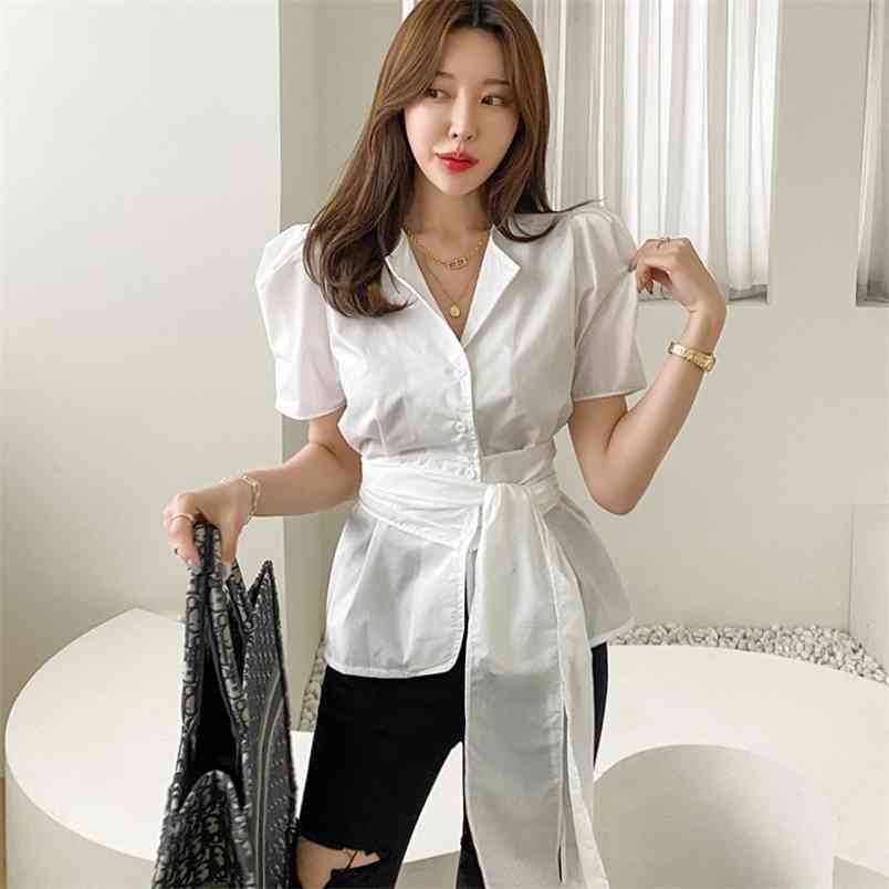 

Korean Vintage Shirts Women Chic Lace Up Slim Single Breasted Puff Sleeve Blouse Office Lady Elegant 210519, Beige