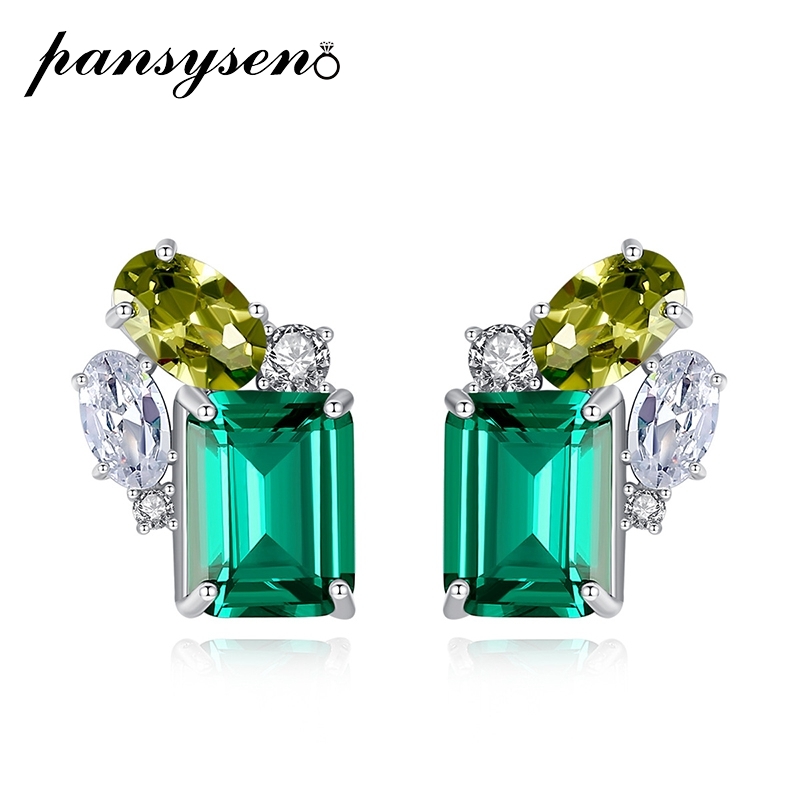 

PANSYSEN 100% 925 Sterling Silver Emerald Peridot Diamond Gemstone Wedding Engagement Stud Earrings Whole Fine Jewelry Gifts