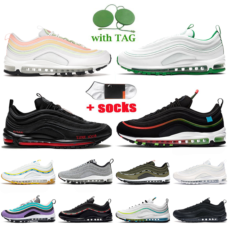 

2021 Top Quality Big Size US 12 Mens Running Shoes 97s Womens Barely Volt Atomic Pink White Pine Green Trainers MSCHF Satan Worldwide Undefeated Sports Sneakers, #38 undefeated-black 36-46