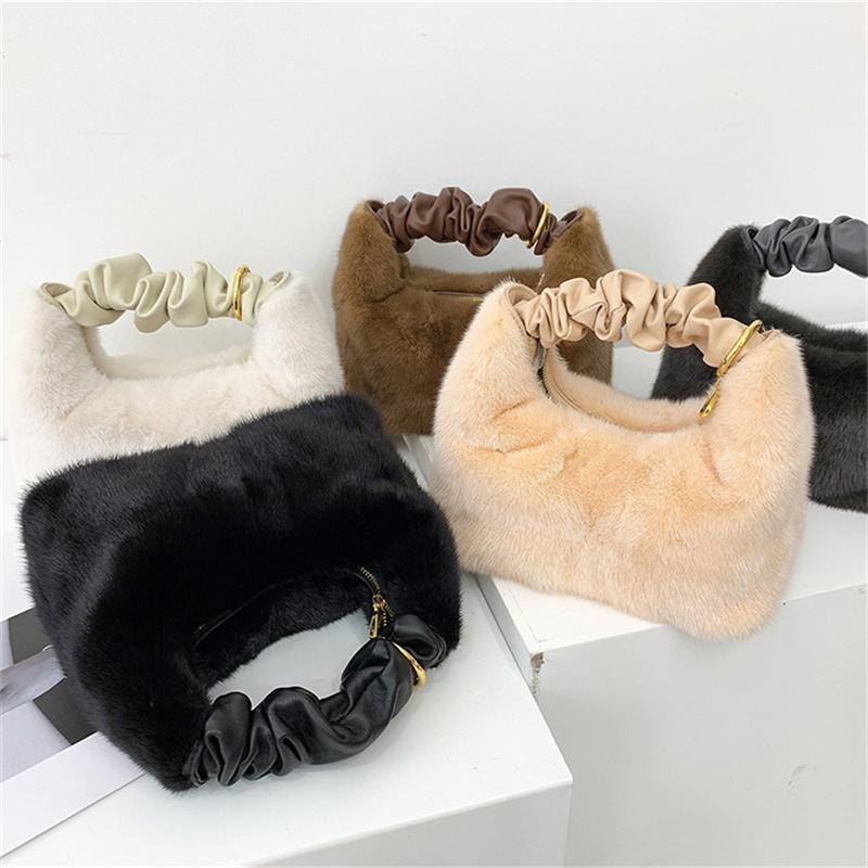 

Duffel Bags 2021 Soft Mink Bag Niche Design Sheepskin Fold Handle Macaron Lunch Handbag Fur, Black