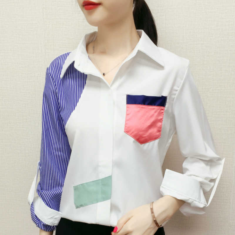 

Womens Tops And Blouses Long Sleeve Patchwork Striped White Blouse Blouses Woman Turn Down Collar Office Ladies Tops C248 210602