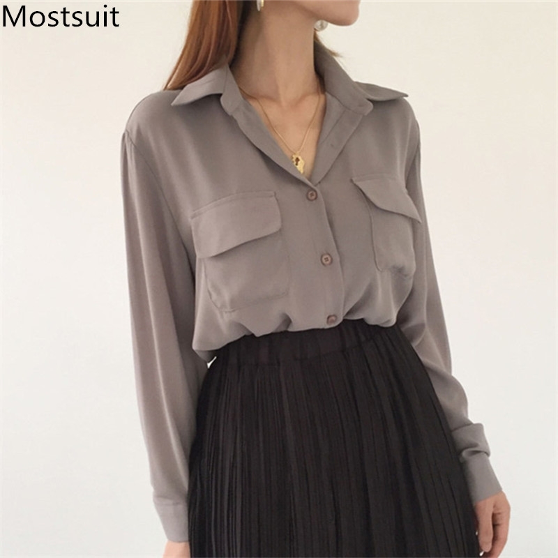 

Korean Office Chiffon Blouses Shirts Women Long Sleeve Turn-down Collar Pockets Fashion Casual Elegant Tops Blusas Mujer 210518, Apricot