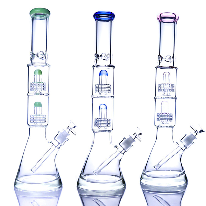 

Double Stereo Matrix Birdcage Hookahs Bongs beaker thick base design bubblers oil rigs water pipe dab rig hookahs with 14mm female joint and downsteam