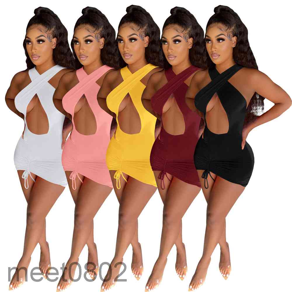 

Women Casual Dresses 2021 summer Designer Fashion women' Solid color bandage drawstring nightclub skirt temperament commuter multicolor dress, Wine red