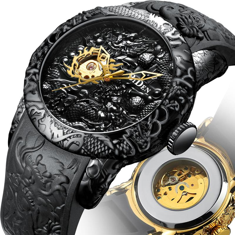 

Wristwatches BIDEN Fashion Gold Dragon Sculpture Men Watch Automatic Mechanical Waterproof Silicone Strap Wristwatch Relojes Hombre