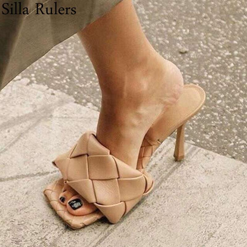 

Slippers Knitting Style Square Toe Slipper Woman Thin High Heels Summer One Strap Mujer Runway Sexy Shoes 2021, Black