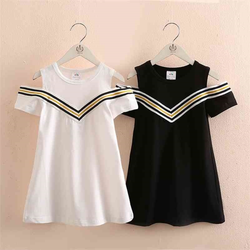 

Kids O-Neck Stripe Dress Summer Fashion 2 3 4 6 8 10 12Years Casual Kids Cotton Simple Off Shoulder Dress for Baby Girl 210701, Ivory