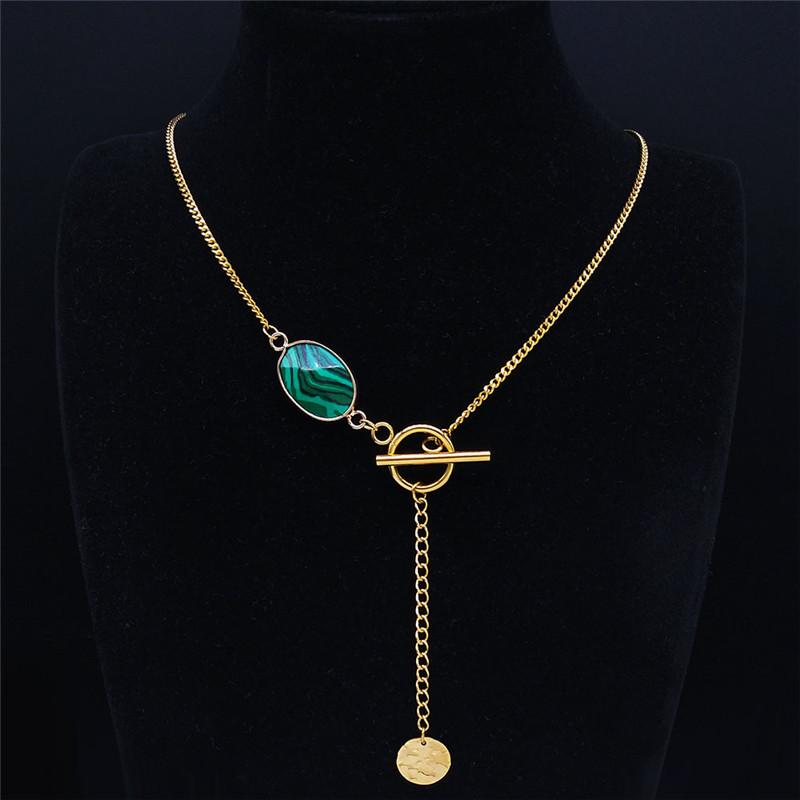 Pendant Necklaces Malachite Stainless Steel Natural Stone Necklace Women/Men Gold Color Tassel Chain Jewelry Acero Inoxidable NZ1S02-image-704089546