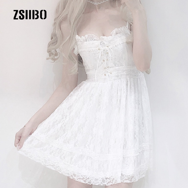 

Harajuku Japanese bow tie sexy white lace dress female ins summer Korean fashion simple solid sweet casual female strap dress
