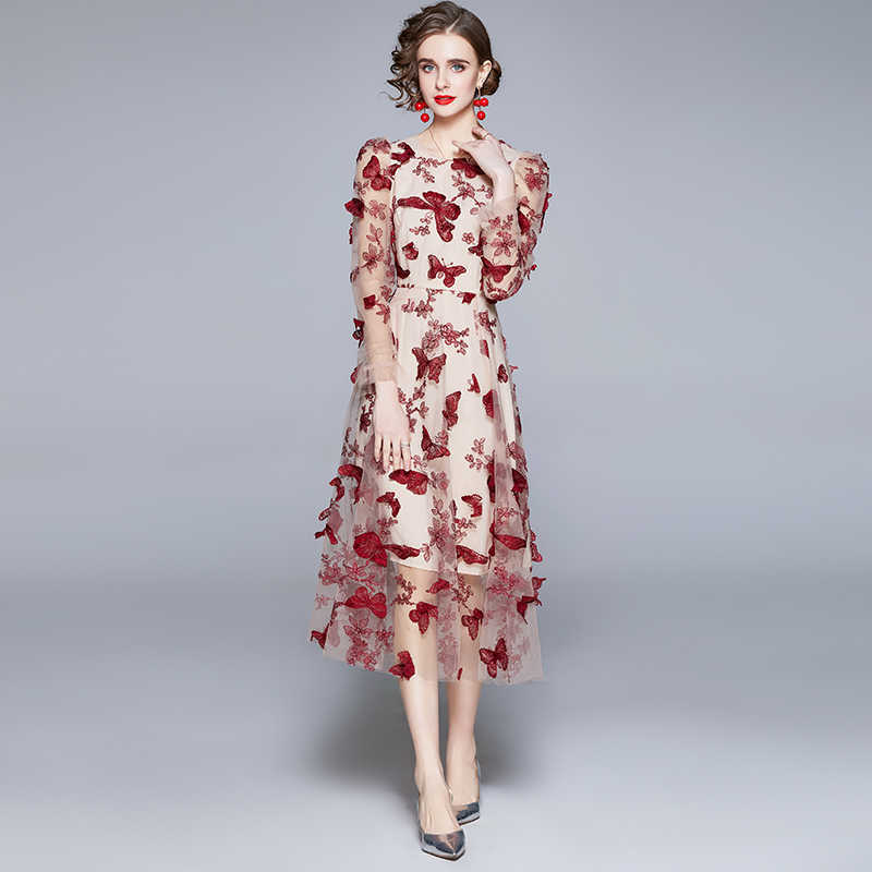 

Women Summer Designer Elegant Bowknot Embroidery Puff Sleeve Sexy Wedding Cocktail Party Robe Female Vintage Mesh Dress Vestidos 210525, As picture