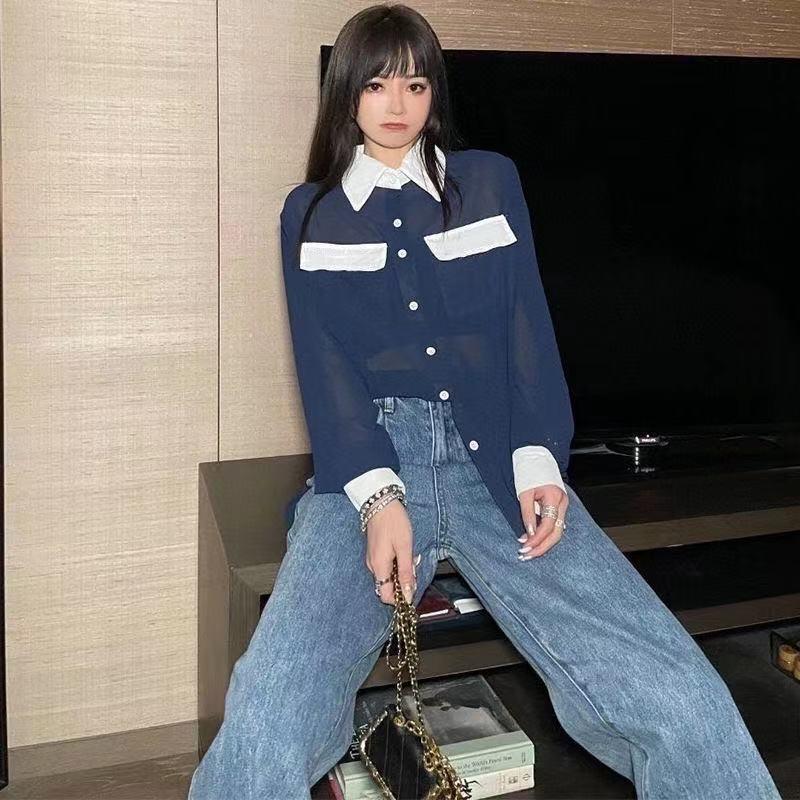 

Women's Blouses 2021 summer perspective letter print loose versatile translucent design fashion blouse women, White
