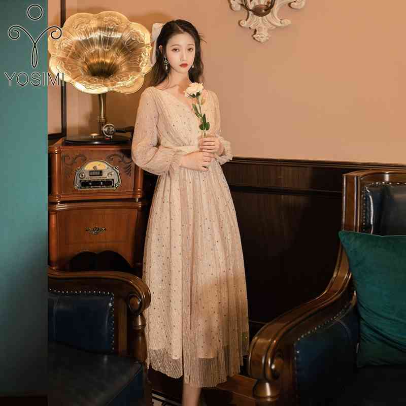 

YOSIMI Beige Long Women Dress Summer Full Sleeve V-neck Voile Evening Party Ankle-Length Lantern Empire Sequin 210604
