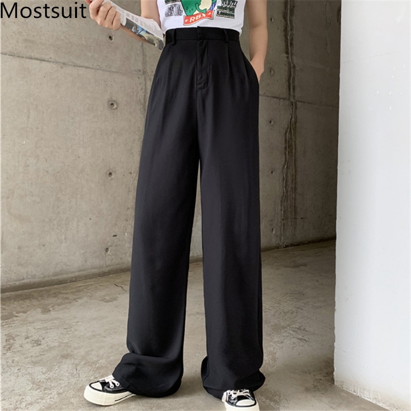 

Summer Thin High Waist Wide Leg Pants Trousers Women Zipper Fly Solid Casual Fashion Korean Full Length Capris Femme 210518, Yellow