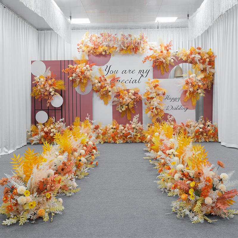 

Decorative Flowers & Wreaths Orange Yellow Series Wedding Floral Arrangement Artificial Flower Row Table T Stage Backdrop Corner Ball Custom, 100x45cm flower row