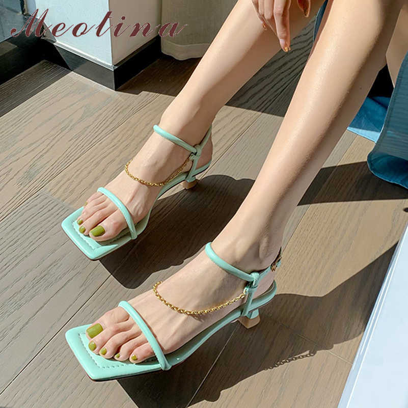 

Meotina Shoes Women Genuine Leather Sandals Chain Med Heel Sandals Strange Style Square Toe Lady Footwear Summer Green 210608