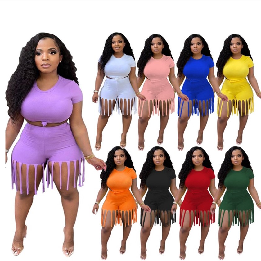 

S~5XL Summer Yoga Sweatsuits Plus size Women tracksuits Jogging suit Trendy outfits Two pieces sets Short Sleeve Crop top+Tassel Shorts Solid Sportswear 3XL 4XL 4900, Blue