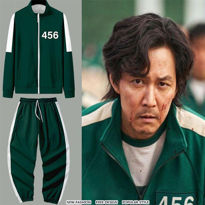 

Squid Game Jacket Pants Mens Tracksuits Round Six Men Women Costumes Cosplay Sports Zipper Cardigan Digital 456 Pattern Pocket Sweatshirt Set 2XS-4XL H1013, Green