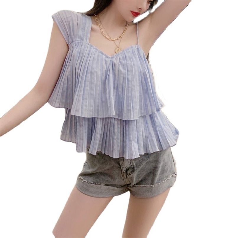 

Sexy strapless sleeveless slim slimming ruffled irregular sling top women summer Korean fashion women's clothing 210520, Blue