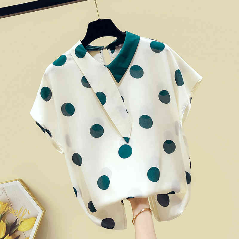 

Summer Women's Irregular Collar Short Sleeves Polka Dot Chiffon Shirt Office Lady Shirts Female Blouse Tops Blusas A3414 210519, Beige