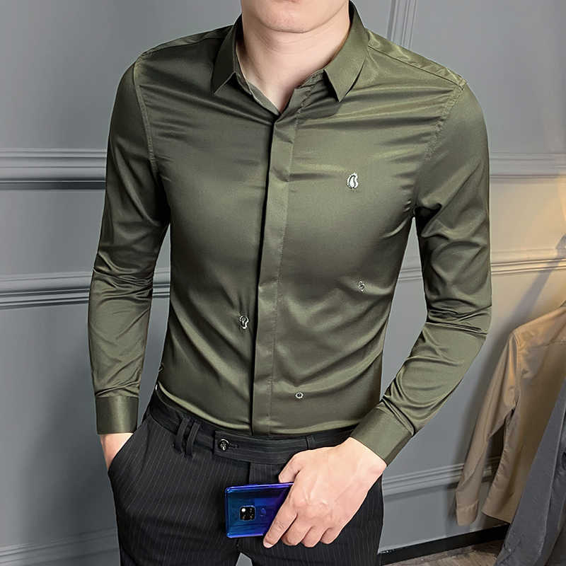 

Men Shirts Formal Business Dress Shirts Long Sleeve Slim Fit Casual Shirt Embroidery Social Party Blouse Camisa Masculina 210527, Khaki