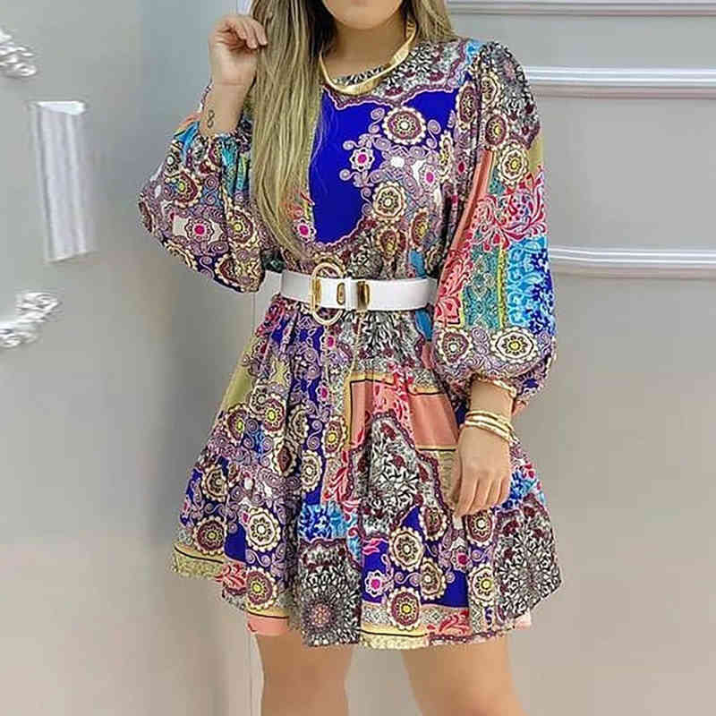 

Summer Colorful Personalized Bohemian Style Lantern Long Sleeve Slim Dress Vestido Woman Dress Plus Size Dress Maxi Dresses 210521, Printing