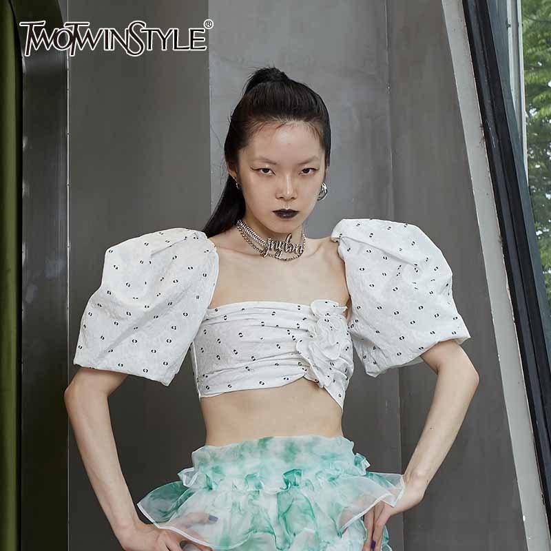 

White Print Sexy Shirts For Women Square Collar Puff Short Sleeve Pullover Blouses Females Summer Clothing 210524