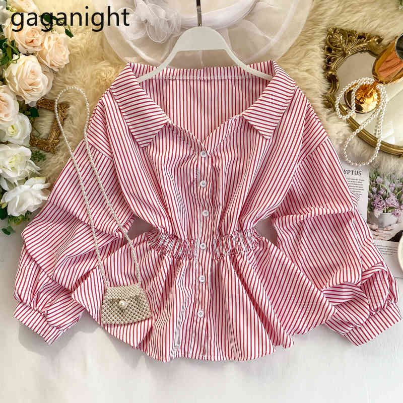 

Gaganight Striped Women Blouse Vintage Fashion Office Lady Long Sleeve Single Breasted Shirt Chic Korean Blusas Blouses 210519, Blue