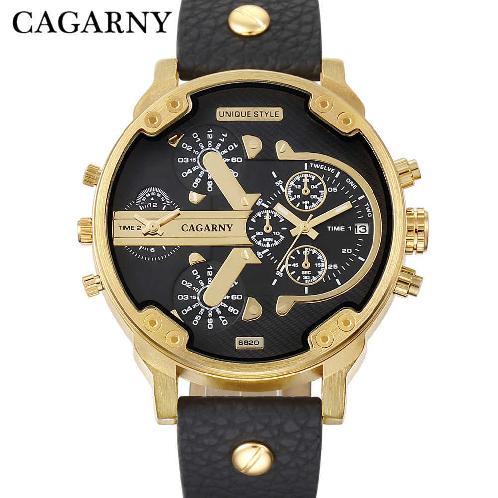 

Luxury Cagarny Quartz Watch Men Black Leather Strap Golden Case Dual Times Military dz Relogio Masculino Casual Mens Watches Man X0625, Slivery;brown