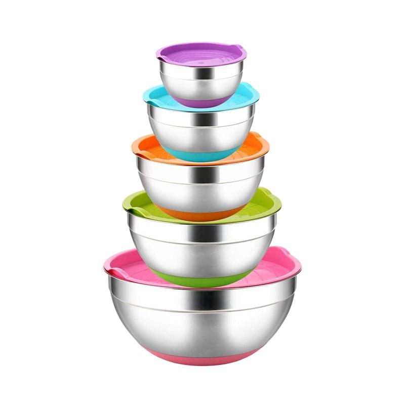 

Colors Stainless Steel Mixing Bowls With Non-Slip Silicone Bottom And Lids Egg Mixer Salad For Home Kitchen
