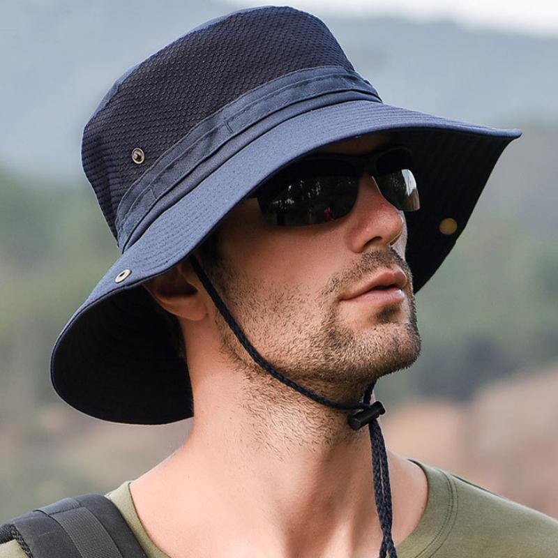 

Cloches HT2434 Breathable Mesh Bucket Hat Men Women Wide Brim Sun Flat Top Fisherman Cap Outdoor Summer Panama Fishing, Black