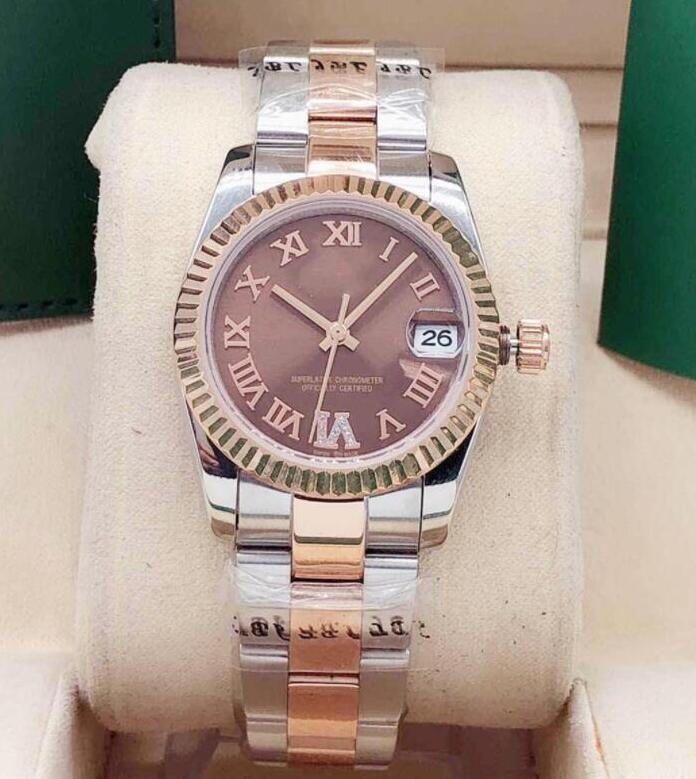 

women 31mm ladies watch 6-digit synthetic diamond Roman face stainless steel watches Date waterproof fashion gift Wristwatches, Slivery;brown