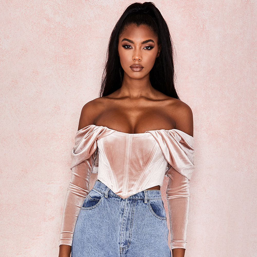 

Elegant Pink Ruched Crop Tops Female Puff Sleeve Slash Ne Tops Slim Fashion Sexy Cropped Bustier Top Streetwearhigh quality