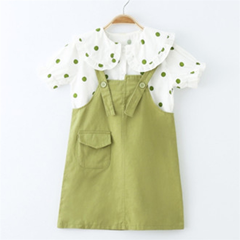 

Girl Clothes Set Summer Short Sleeve Ploka Dot Printed Shirt +Strap Skirt 2Pcs Cute Infant Children's 210611, Bz2524 orange